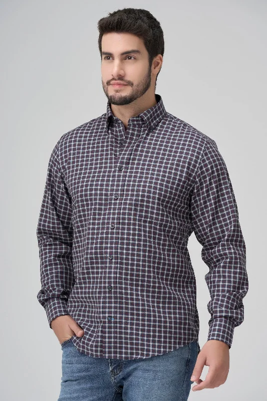 Multi Wine Plaid Cotton Sport Shirt with Button Down Collar by Leo Chevalier Modern Men's Geometric