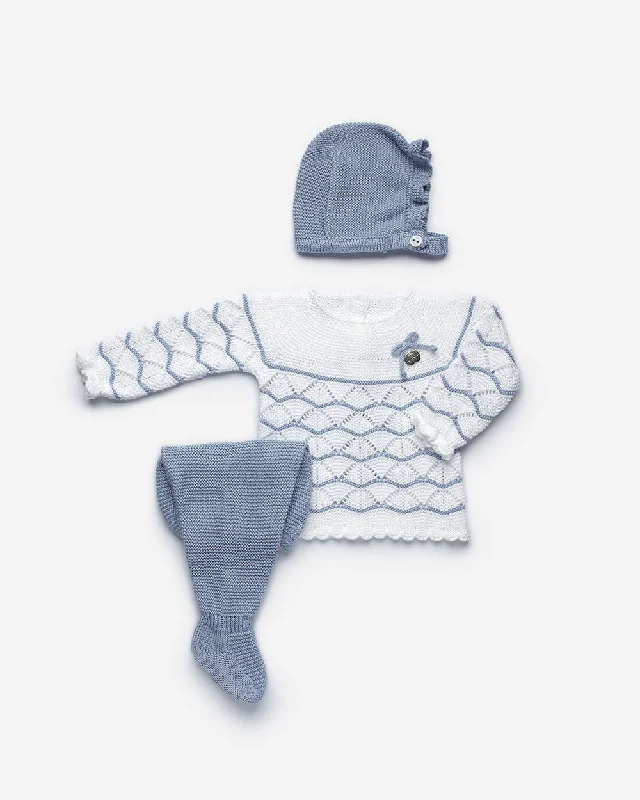 White and Blue Knit 3 Piece Set Youthful Men's Pop