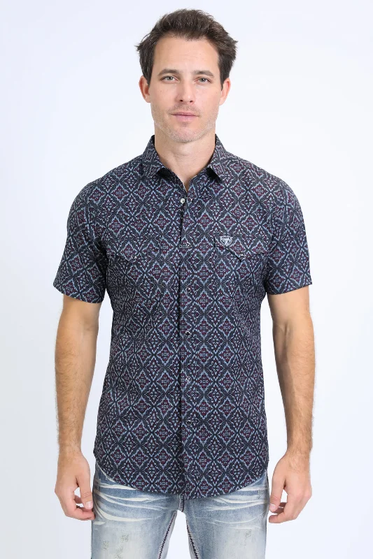 Mens Performance Western Short Sleeve Aztec Print Black/Burgundy Shirt Sporty Men's Tennis