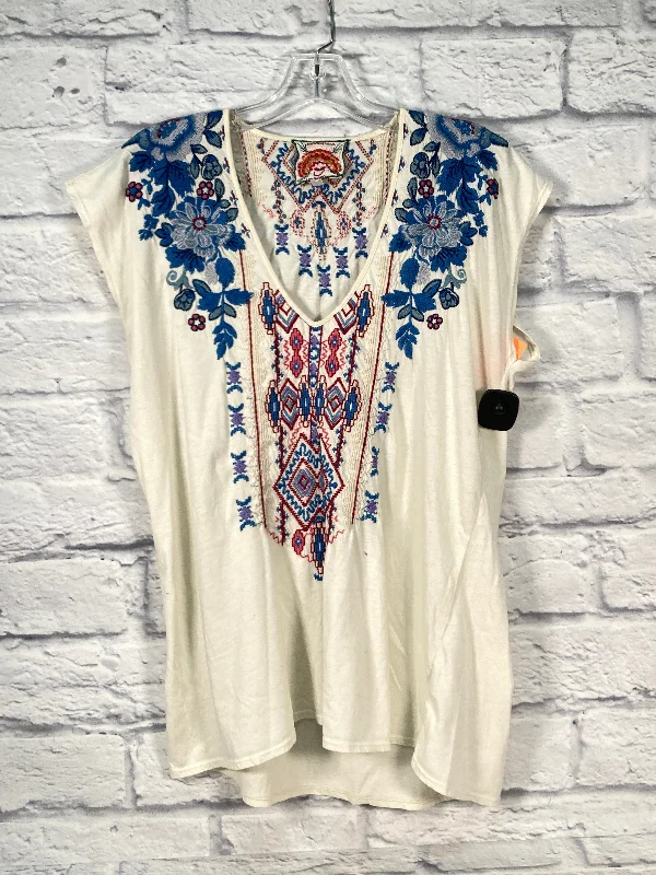 Top Short Sleeve By Johnny Was In Blue & Cream, Size: L Organic
