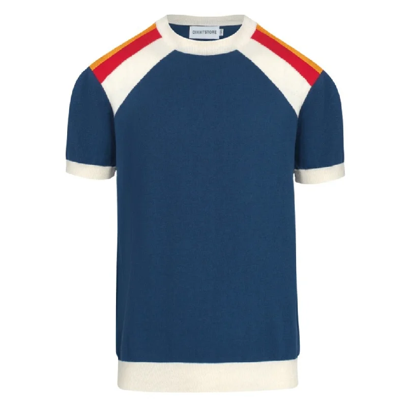 Men's Blue Knitted T-shirt With Three-Color Diagonal Stripes Sleek Men's Metallic