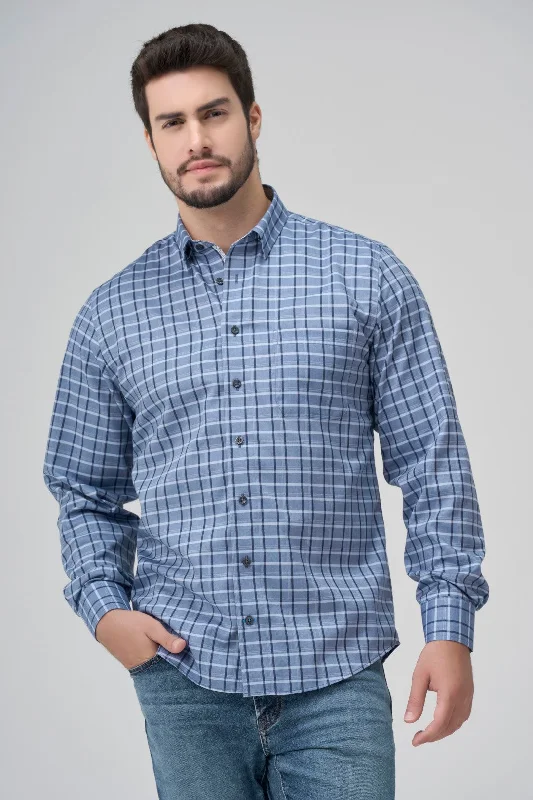 Multi Blue Plaid Cotton Sport Shirt with Hidden Button Down Collar by Leo Chevalier Practical Men's Quick