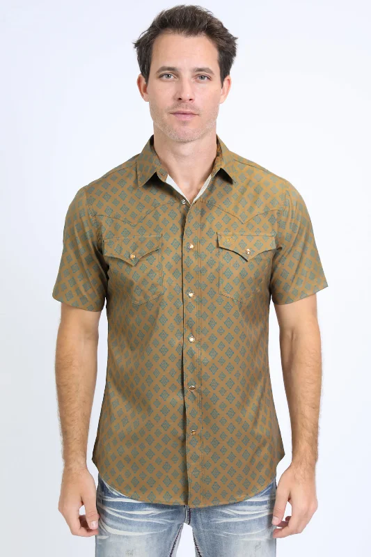 Mens Performance Western Short Sleeve Aztec Print Khaki Shirt Trendy Men's Oversized