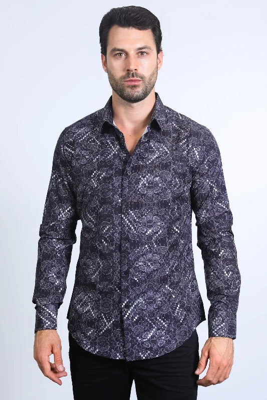Mens Modern Fit Stretch Foil Fashion Black Shirt Gym