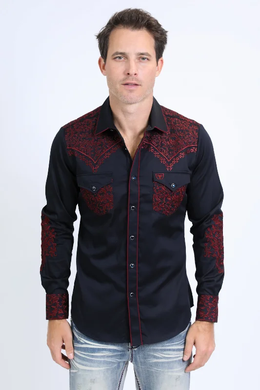 Mens Embroidery Modern Fit Stretch Navy Long Sleeve Shirt Casual Men's Loose