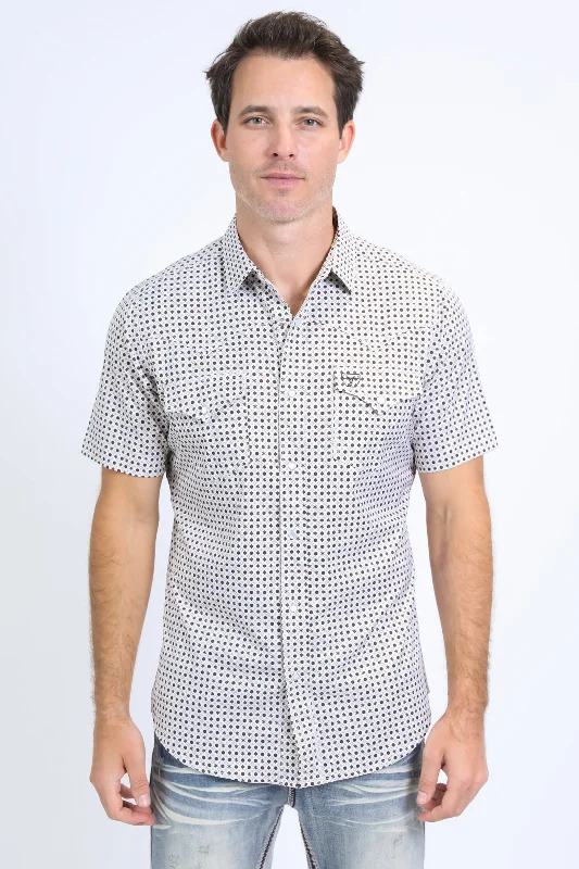 Mens Performance Western Short Sleeve Aztec Print White Shirt Athletic Men's Compression