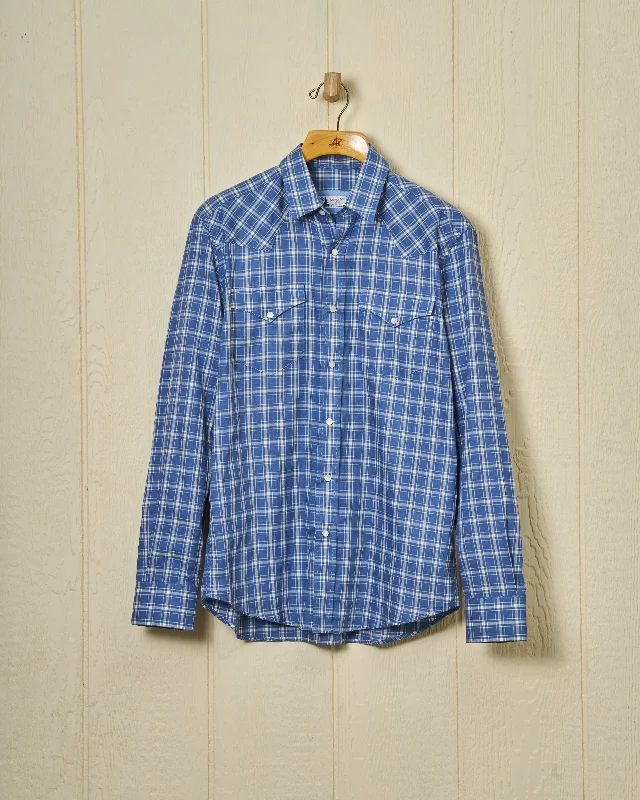 Western Sea-Washed Shirt in Ink Herringbone Plaid Sporty Men's Athleisure 