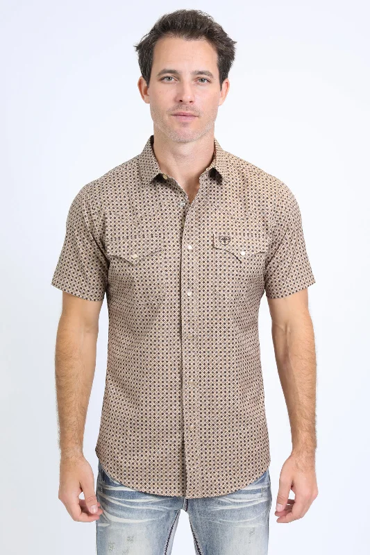 Mens Performance Western Short Sleeve Aztec Print Beige Shirt Polished Men's Satin