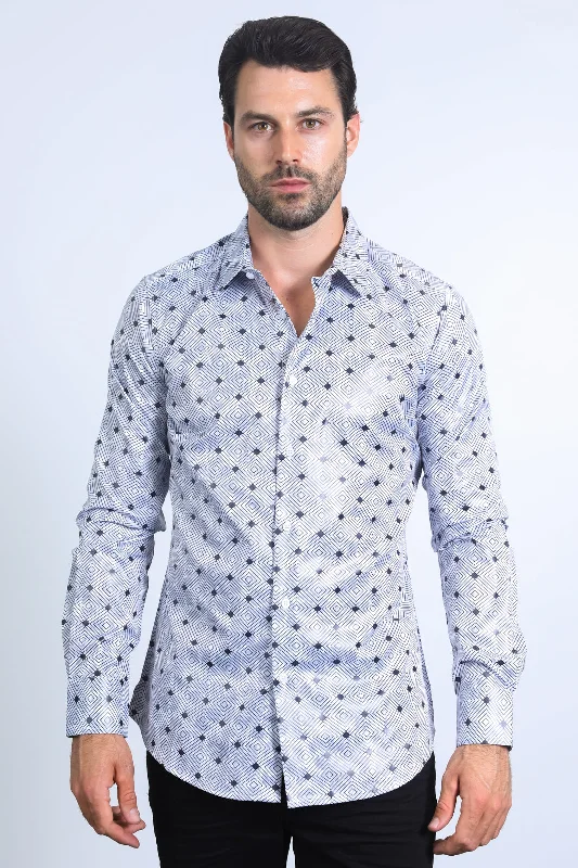 Mens Modern Fit Stretch Foil Fashion White Shirt Adventure