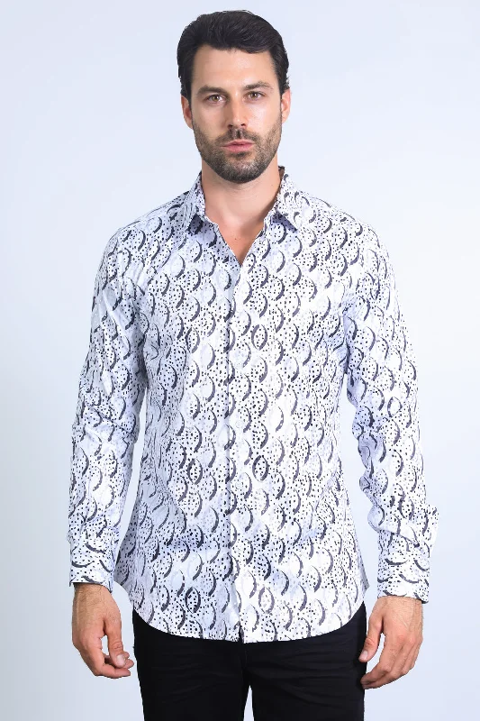 Mens Modern Fit Stretch Foil Fashion White Shirt Youthful Men's Anime