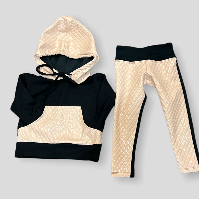 Black and Bone Quilted Hoodie Set Youthful Men's Anime