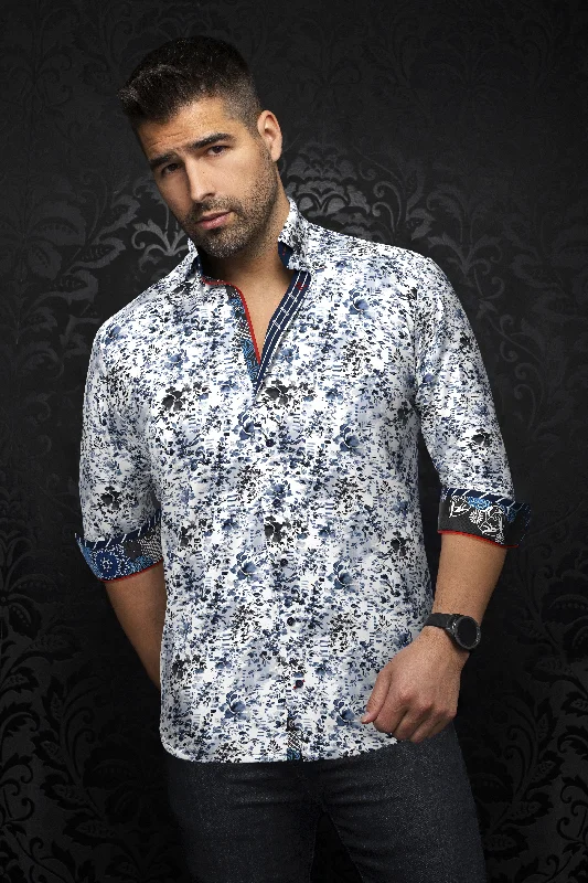 Au Noir Stretch Shirt | Pryse White Blue Polished Men's Satin