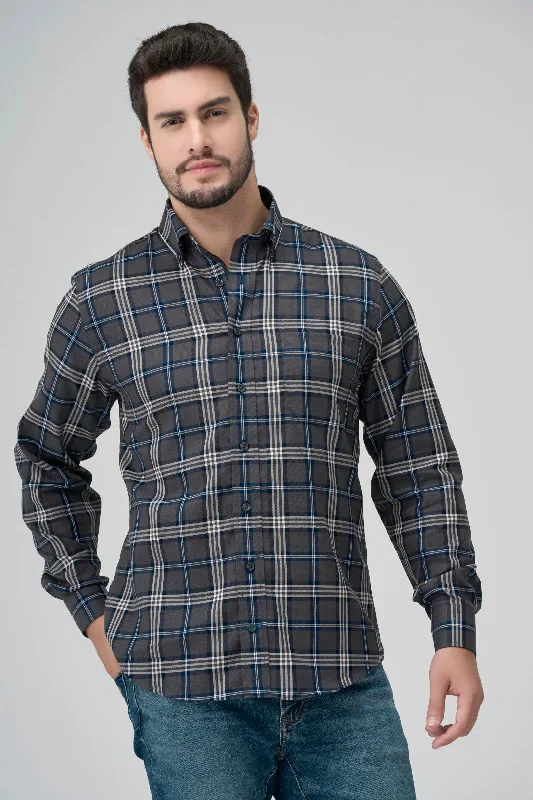 Grey, Blue, and White Mélange Plaid Cotton Sport Shirt with Button Down Collar by Leo Chevalier Preppy Men's College