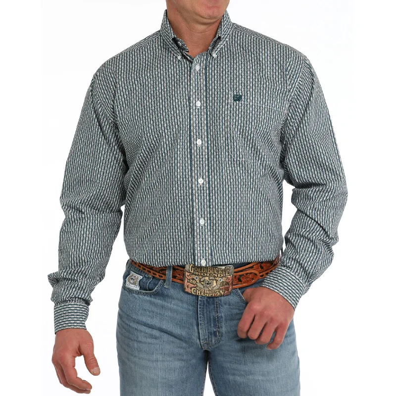 Cinch Men's Geo Stripe Green & White Long Sleeve Shirt Bohemian Men's Free
