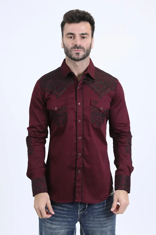 Mens Embroidery Modern Fit Stretch Wine Long Sleeve Shirt Monochromatic Office Style