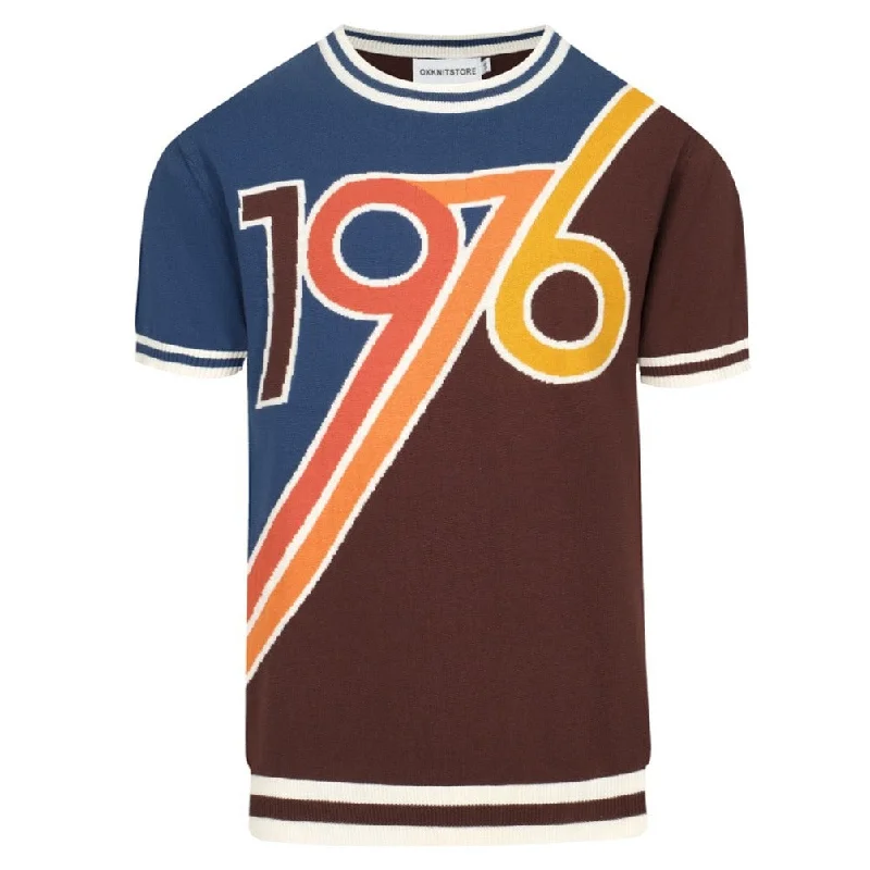 Men's vintage color matching 1976 knit T-shirt Tough Men's Military