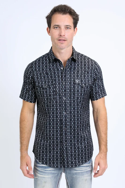 Mens Performance Western Short Sleeve Aztec Print Navy Shirt Adventure