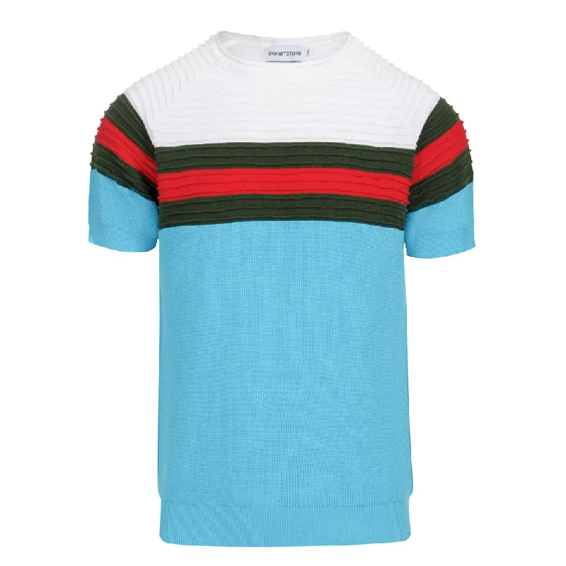 Men's blue texture striped knit T-shirt Hip Men's Retro