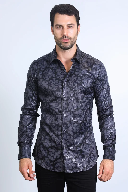 Mens Modern Fit Stretch Foil Fashion Black Shirt Streetwear Style