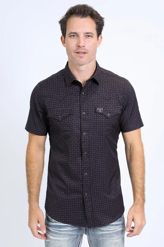 Mens Performance Western Short Sleeve Aztec Print Black Shirt Refined Men's Velvet