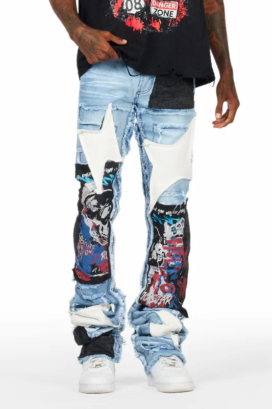 Vinson Light Blue Patchwork Super Stacked Flare Jean Organic