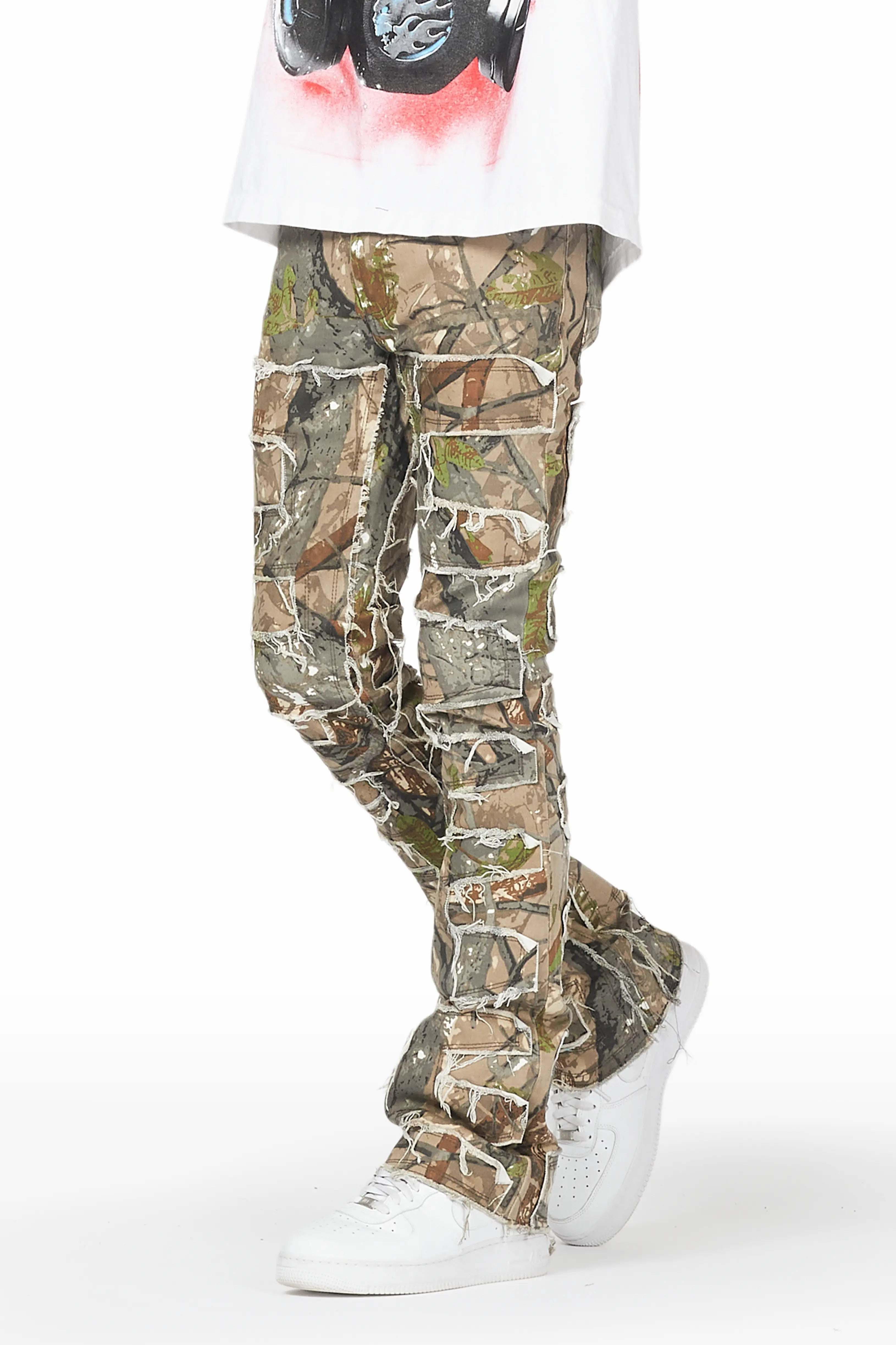 Shake Brown Tree Camo Stacked Flare Jean Sharp Men's Italian