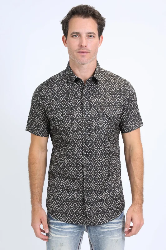 Mens Performance Western Short Sleeve Aztec Print Black/Brown Shirt Dynamic Men's High