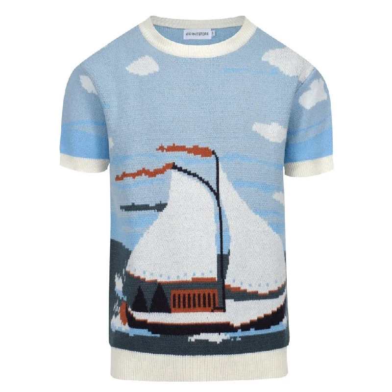 Men's blue vintage period knit T-shirt Refined Men's Velvet