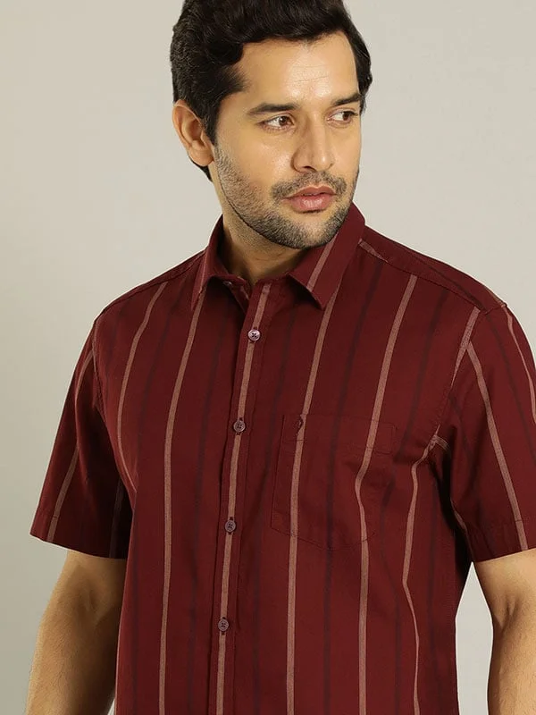 Men Striped Half Sleeve Cotton Shirt Polished Men's Silk