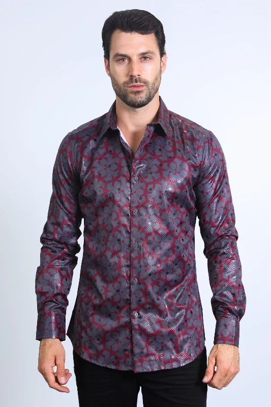 Mens Modern Fit Stretch Foil Fashion Burgundy Shirt Refined Men's Classic 