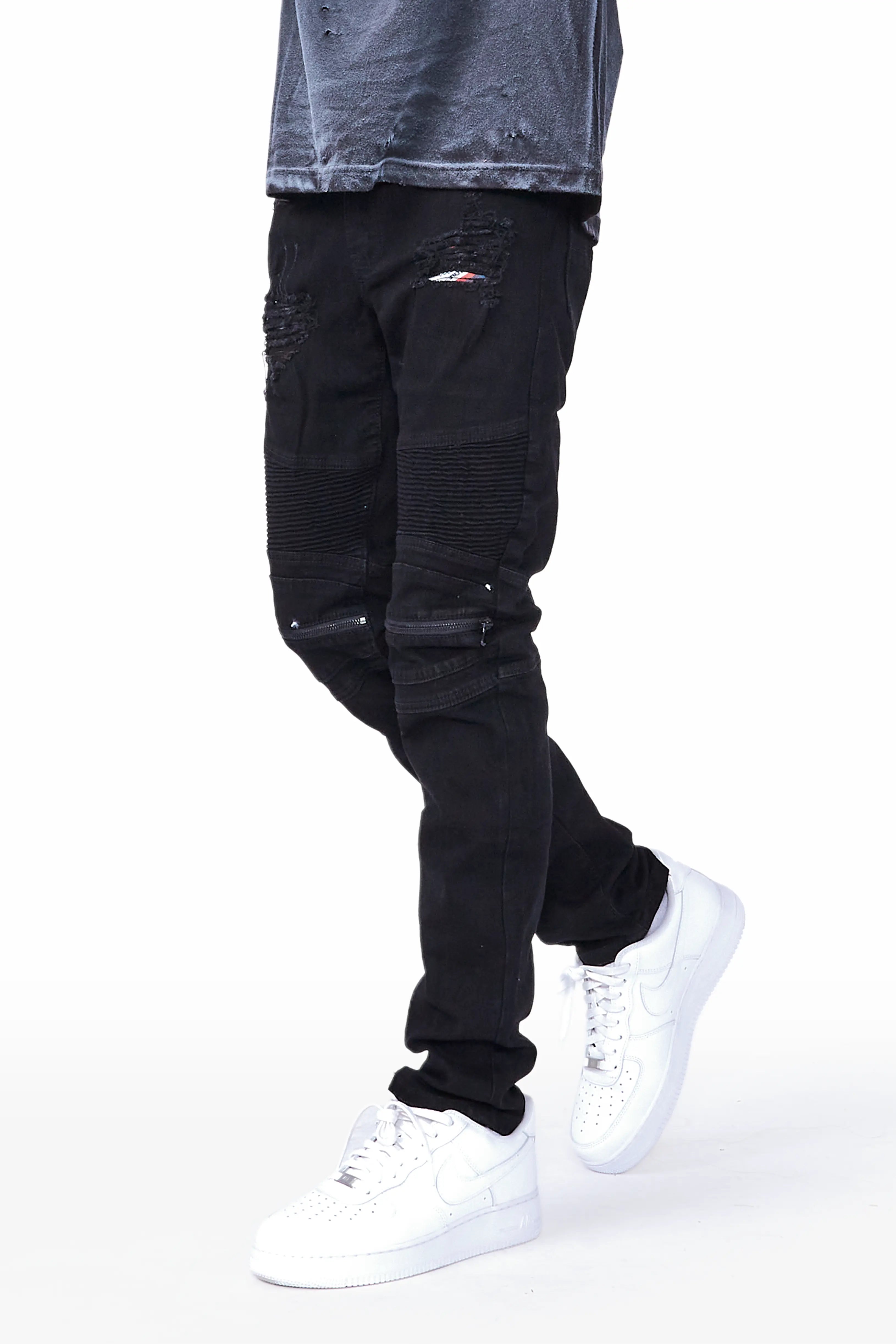 Bk Signature Biker / Zipper Knee Jean- Black Trendy Men's Bucket