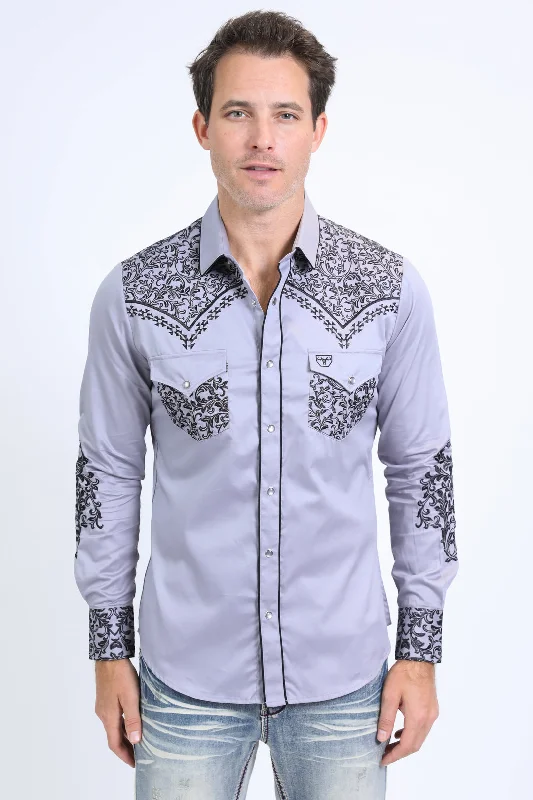 Mens Embroidery Modern Fit Stretch Grey Long Sleeve Shirt Sporty Men's Tennis