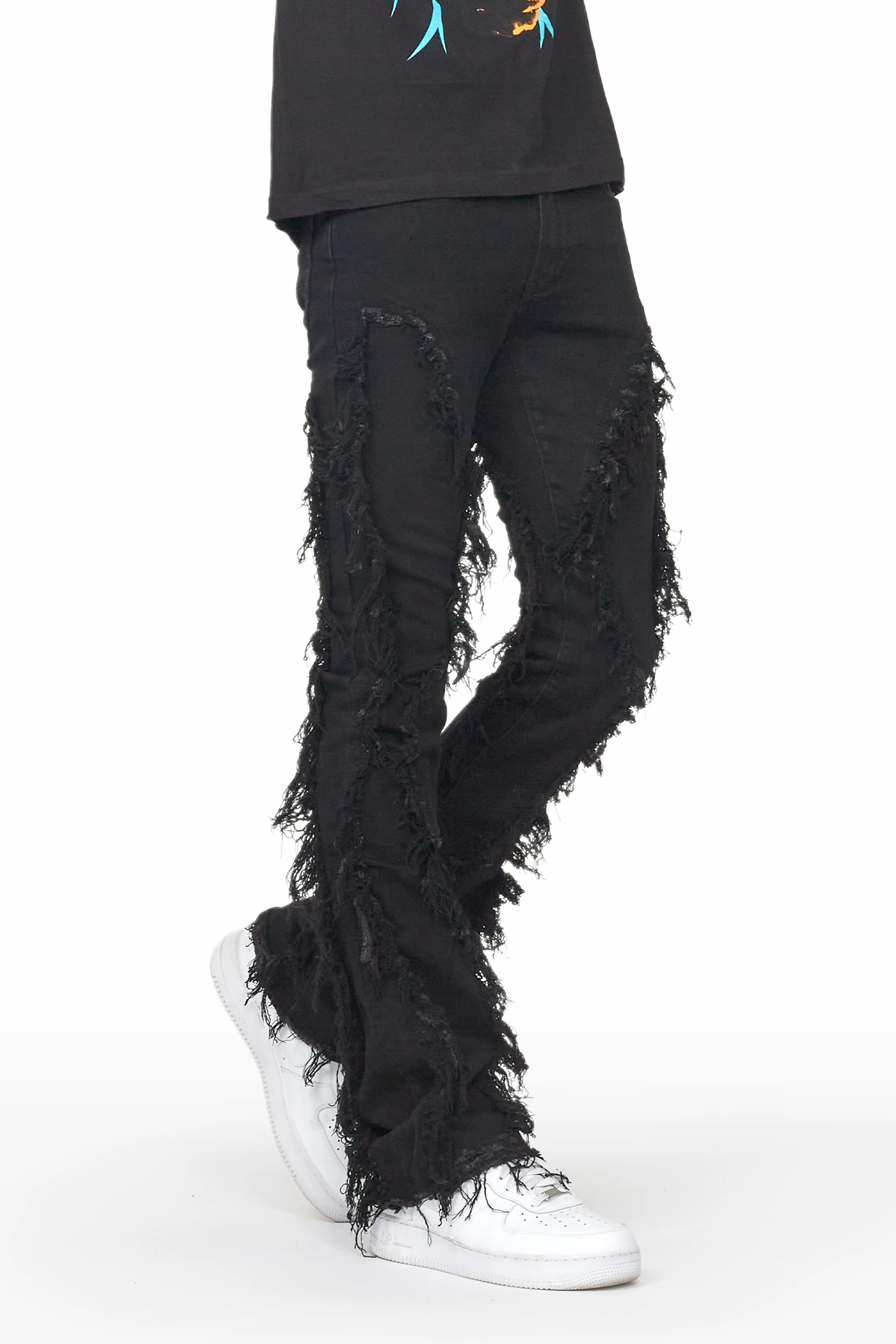 Tristan Jet Black Stacked Flare Jean Streetwear Style