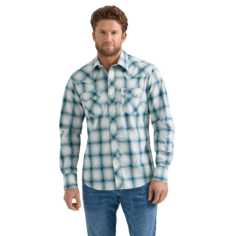 Wrangler Men's Teal & Navy & Cream Plaid Shirt Cool Men's Distressed