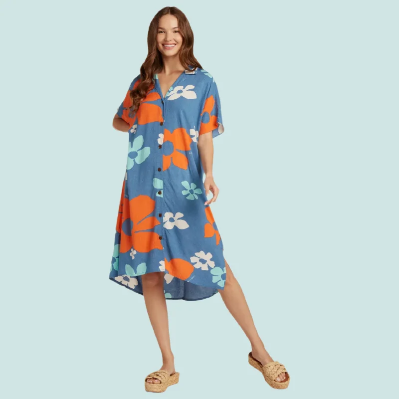 Shirt Dress - Tradewinds Retro Blue Polished Men's Satin