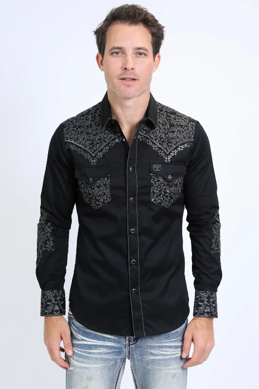 Mens Embroidery Modern Fit Stretch Black/Grey Long Sleeve Shirt Hip Men's Urban