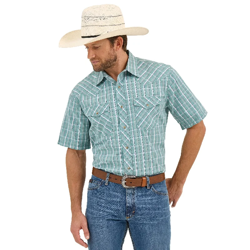 Wrangler Turquoise and White Plaid 20X Short Sleeve Dapper Men's Bow