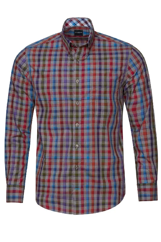 Multi Grey Mélange Plaid Cotton Sport Shirt with Button Down Collar by Leo Chevalier Adventure