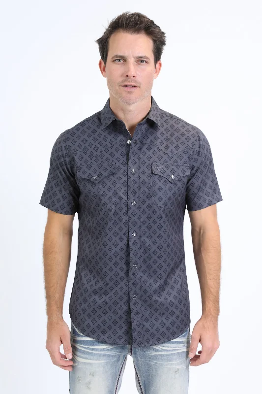 Mens Performance Western Short Sleeve Aztec Print Charcoal Shirt Polished Men's Silk