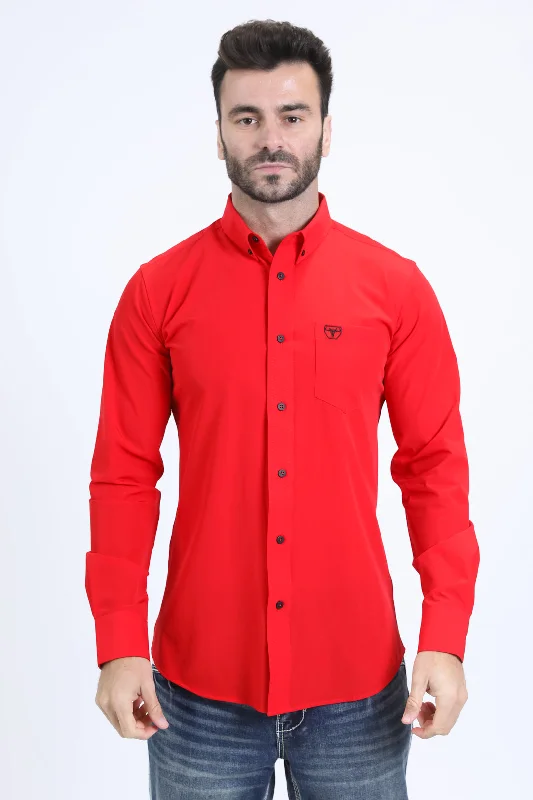 Men’s Single Pocket Logo Modern Fit Stretch Dress Shirt - Red Relaxed Men's Australian 