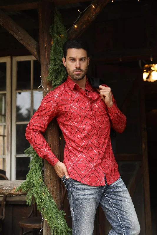 Mens Modern Fit Stretch Foil Fashion Red Shirt Vacation