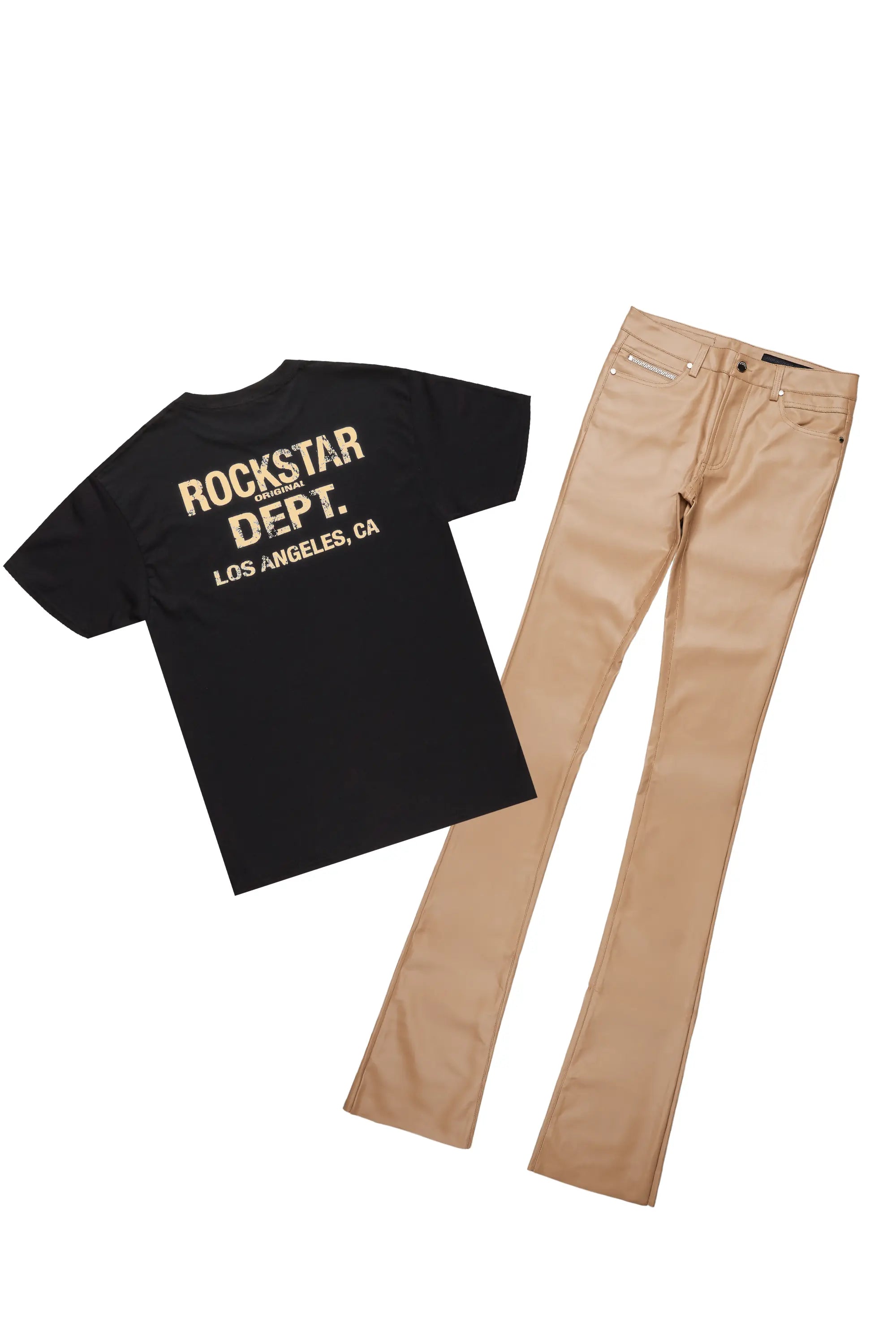 Lake Black T-Shirt & Ricky Tan PU Super Stacked Jean Bundle Elegant Men's Formal 