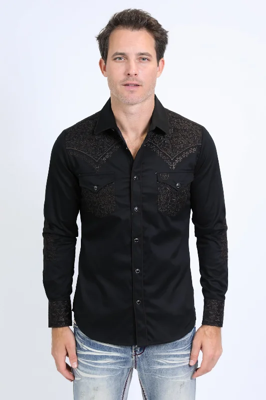 Mens Embroidery Modern Fit Stretch Black-Brown Long Sleeve Shirt Dapper Men's 1920S