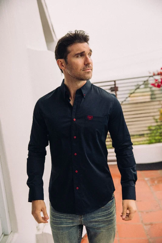 Men’s Single Pocket Logo Modern Fit Stretch Dress Shirt - Navy Confident Men's Power