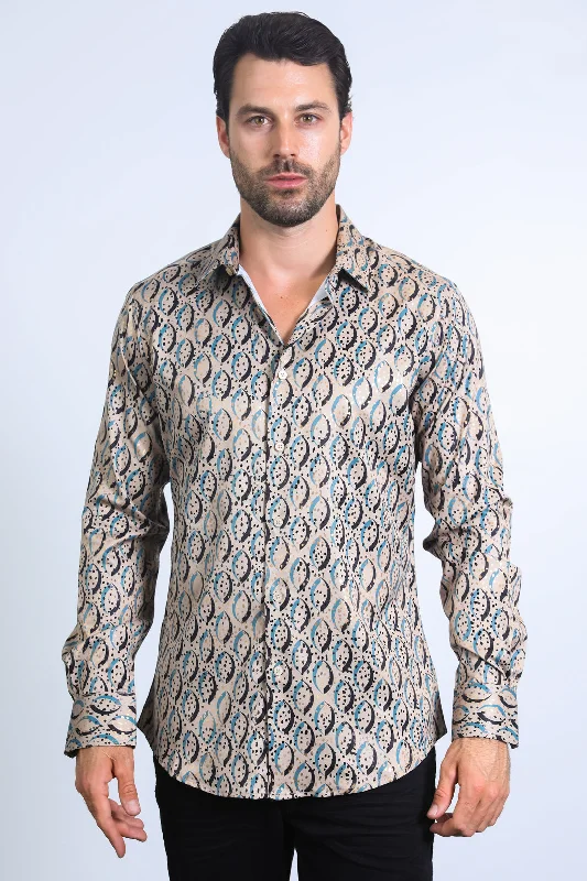 Mens Modern Fit Stretch Foil Fashion Khaki Shirt Polished Men's Satin