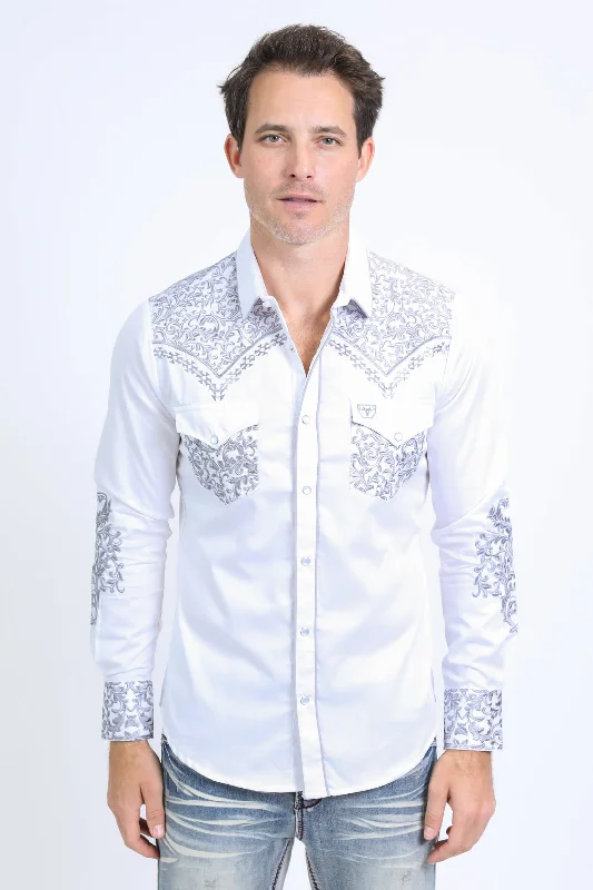 Mens Embroidery Modern Fit Stretch White Long Sleeve Shirt Tailored