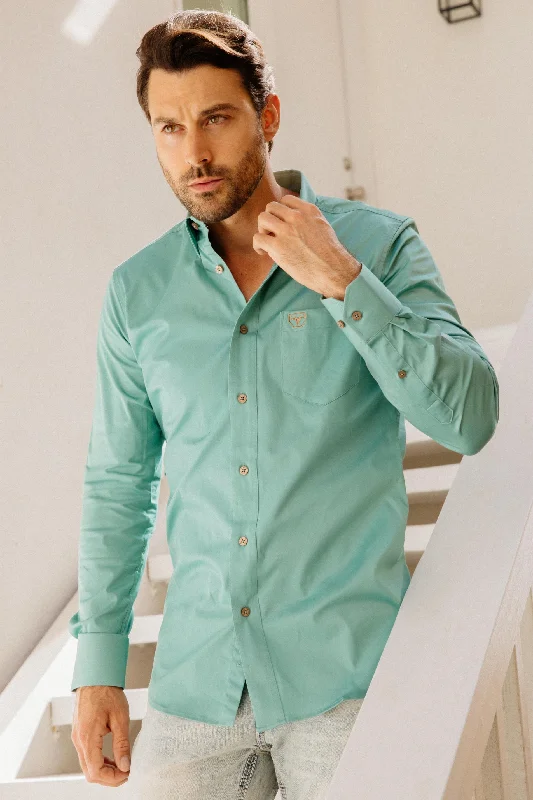 Men’s Single Pocket Logo Modern Fit Stretch Dress Shirt - Turquoise Business