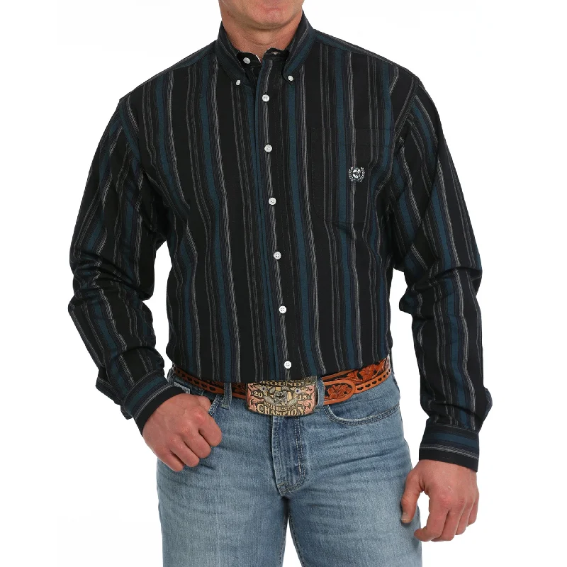 Cinch Men's Black & Blue Oxford Stripe Button Down Shirt Elegant Men's Formal 