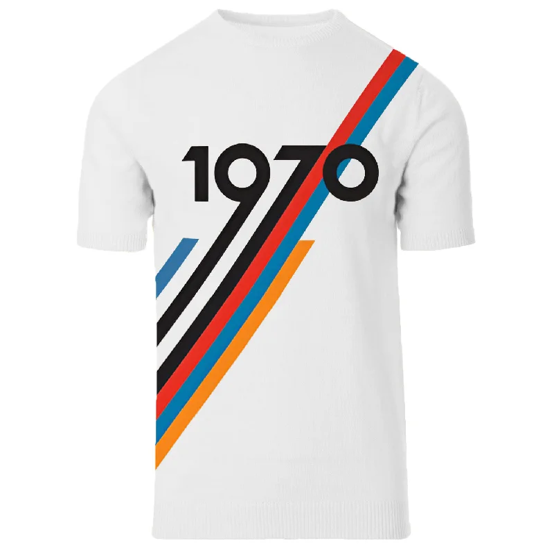 Men's White 1970 Round Neck Knitted Cotton T-Shirt Modern Men's Geometric