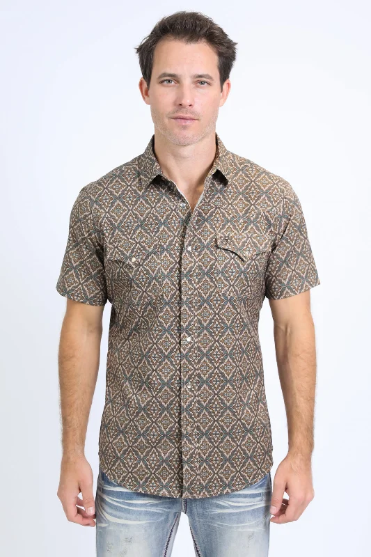 Mens Performance Western Short Sleeve Aztec Print Brown Shirt Relaxed Men's Beach